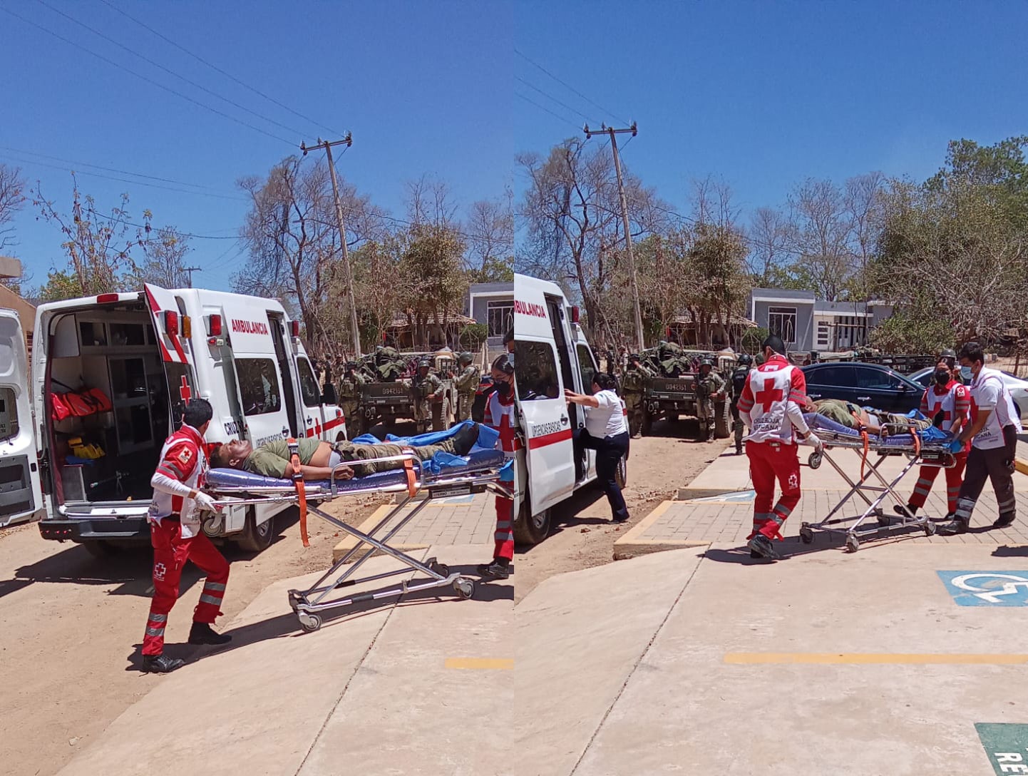 Paramédicos de Cruz Roja trasladan a militar herido tras explosión en Culiacán