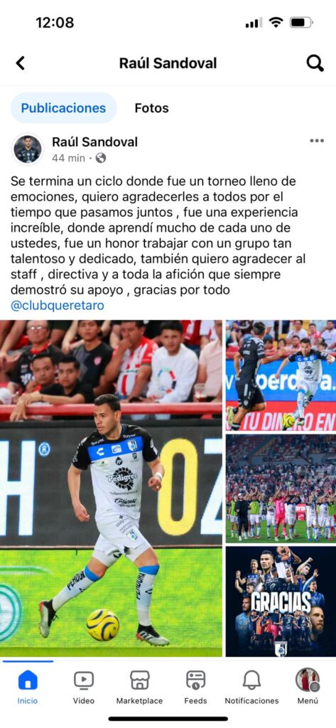 Publicación de Raúl Sandoval nuevo refuerzo del club Necaxa de la Liga MX