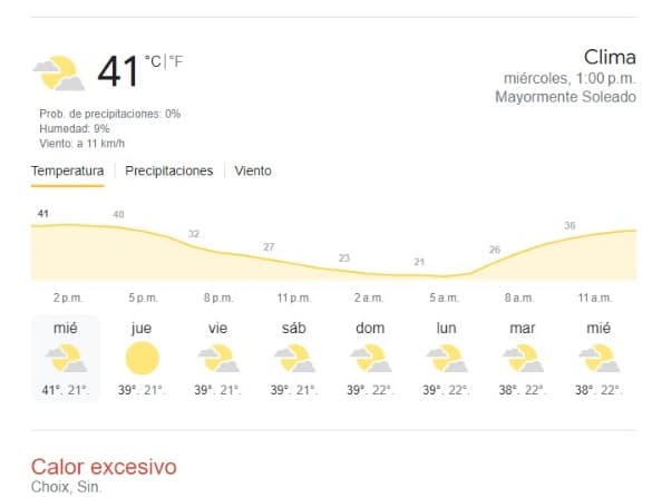 Así muestra Google la temperatura en la capital sinaloense