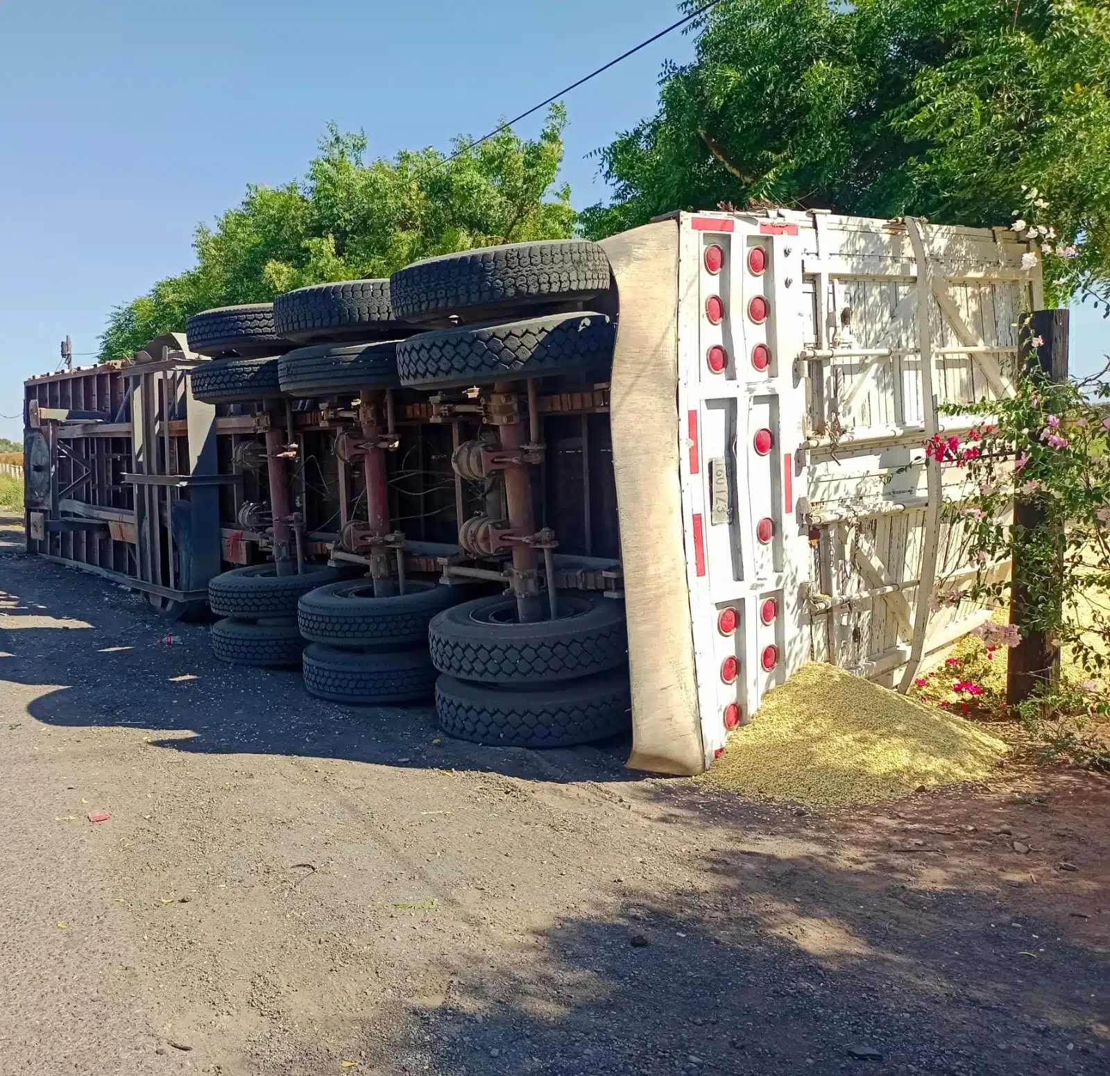 Tráiler volcado con los neumáticos hacia un lado tras un accidente en Los Mochis