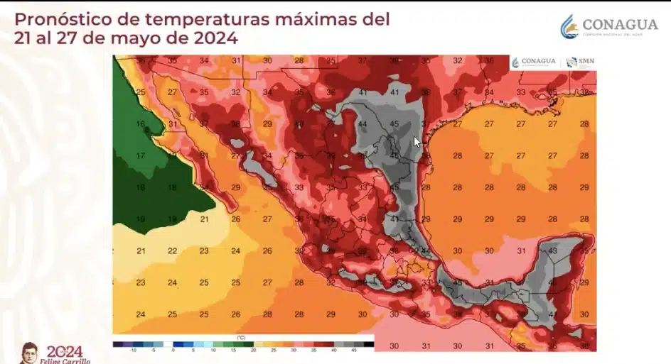 Maá del territorio mexicano que muestra temperaturas