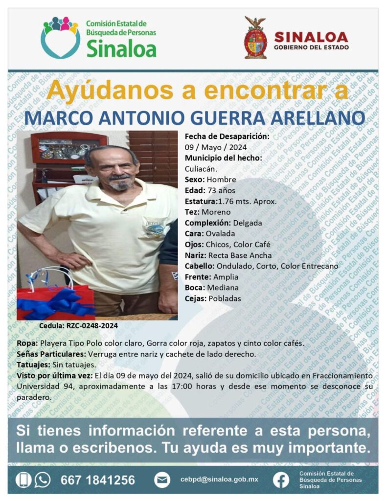 La Comisión Estatal de Búsqueda de Personas emitió ficha por la desaparición de Marco Antonio Guerra Arellano.