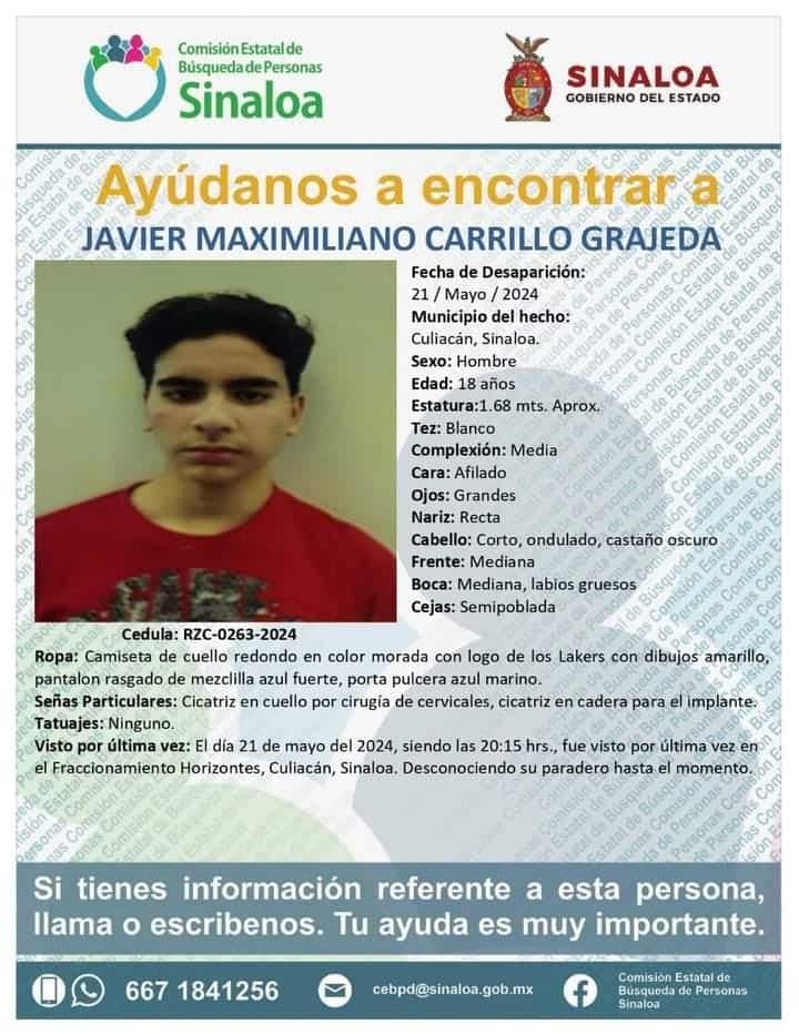 Ficha de búsqueda para encontrar a Javier Maximiliano Carrillo Grajeda