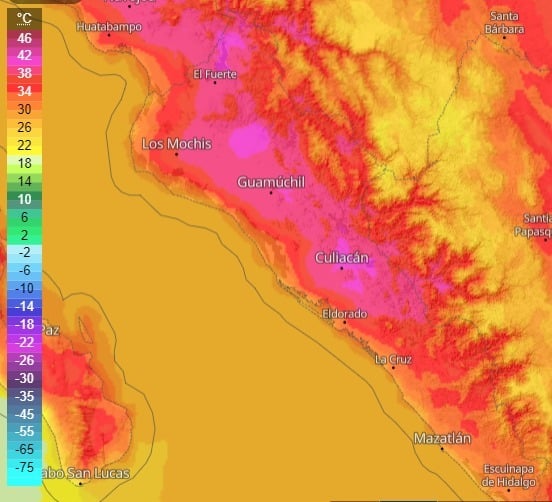 Mapa de Sinaloa que muestra temperaturas estimada este viernes 24 de mayo