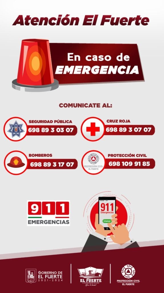 Aviso con los número de emergencias para llamar en esta temporada de lluvias en El Fuerte