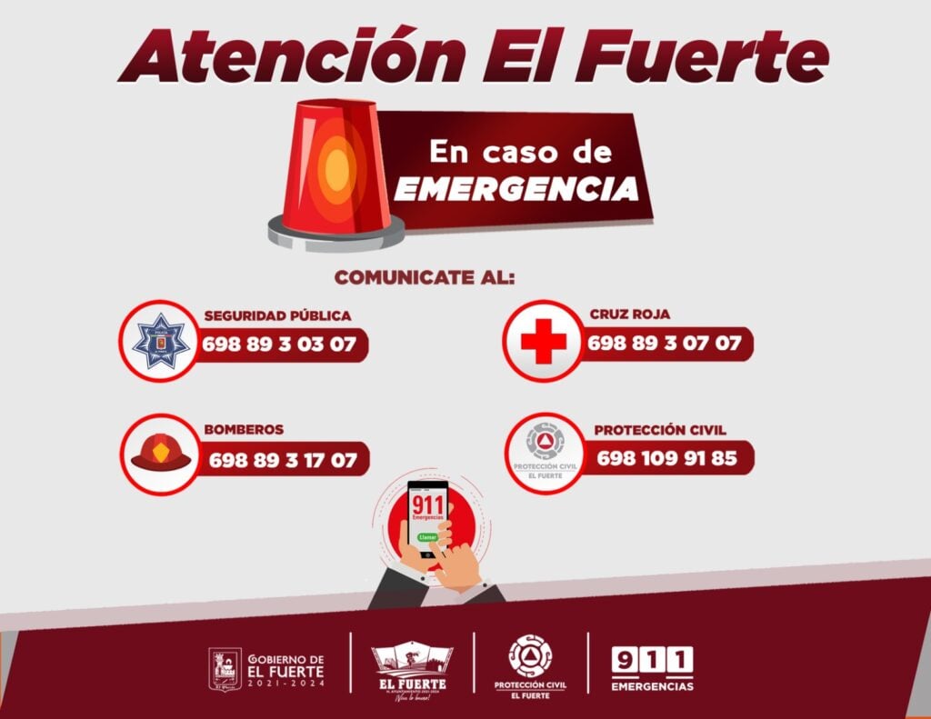 Aviso con los número de emergencias para llamar en esta temporada de lluvias en El Fuerte