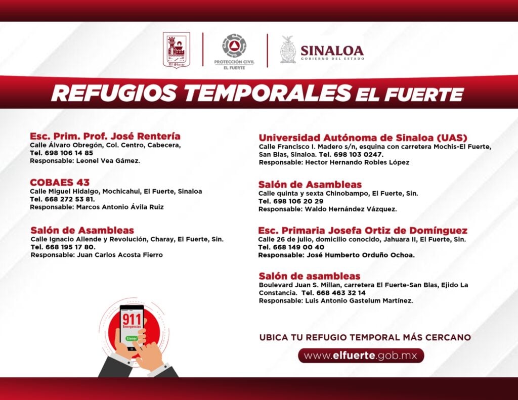 Aviso de los refugios temporales en El Fuerte para la temporada de lluvias