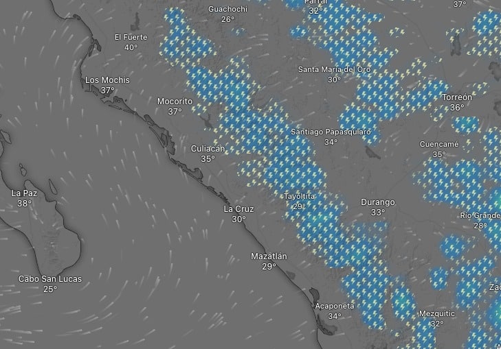 Así marca el sistema Windy la probabilidad de lluvias en Sinaloa. Estarán enfocadas mayormente a la sierra de norte a sur.