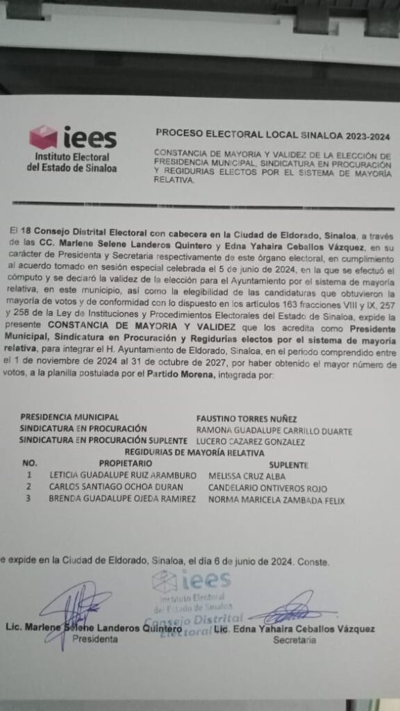 Constancia que acredita a Faustino Torres como presidente municipal de Eldorado