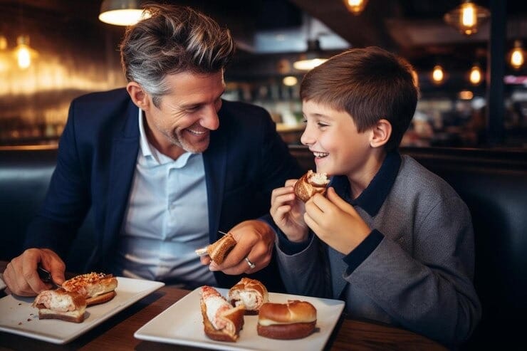 Padre e hijo en restaurante