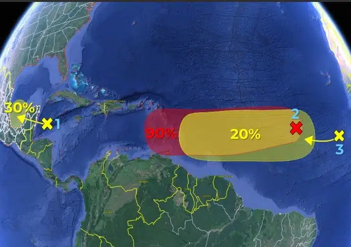 El ciclón tropical Beryl está a casi nada de formarse. Zona de baja presión con 90 % de probabilidades para desarrollo ciclónico