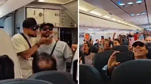 Poncho Lizárraga y la Banda El Recodo tocan su música durante un vuelo