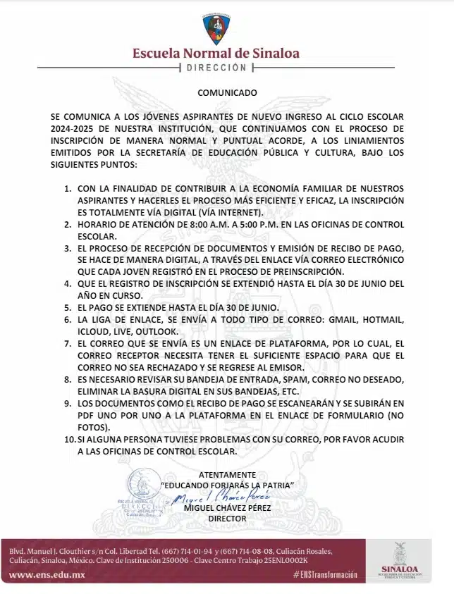 Comunicado de la Escuela Normal de Sinaloa