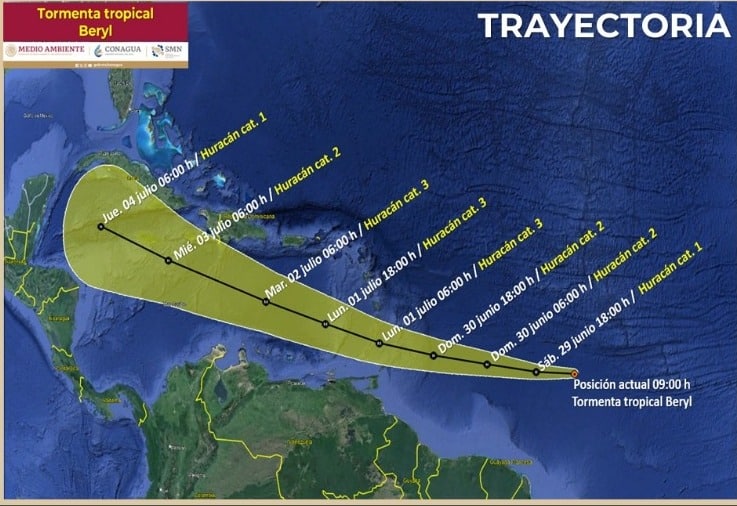 Este es el pronóstico de trayectoria del ciclón tropical Beryl en el Atlántico