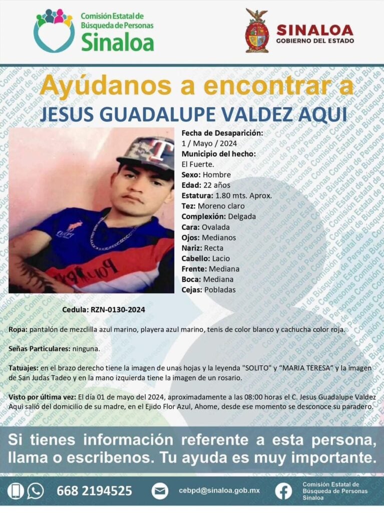 Dossier de recherche du jeune Jesús Guadalupe Valdez ici à Los Mochis