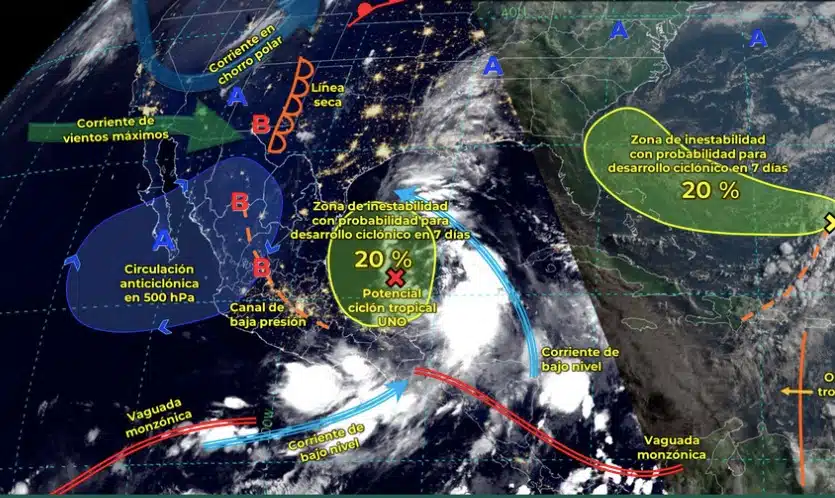 Mapa de sistemas meteorológicos activos este martes 18 de junio en el territorio mexicano. Conagua-SMN.