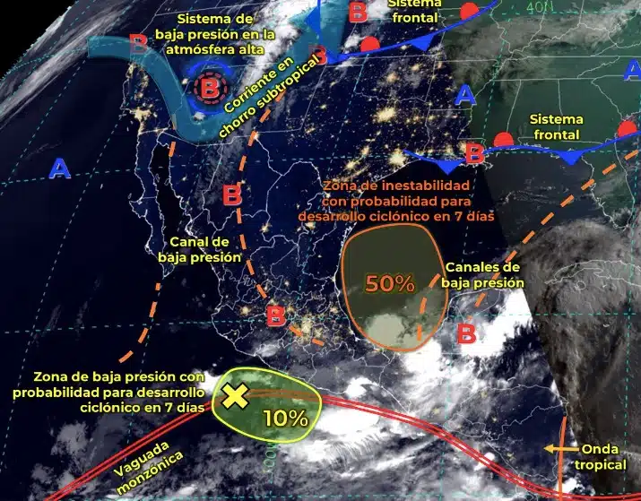 Mapa de sistemas meteorológicos activos hoy 14 de junio en el territorio mexicano. Conagua-SMN.