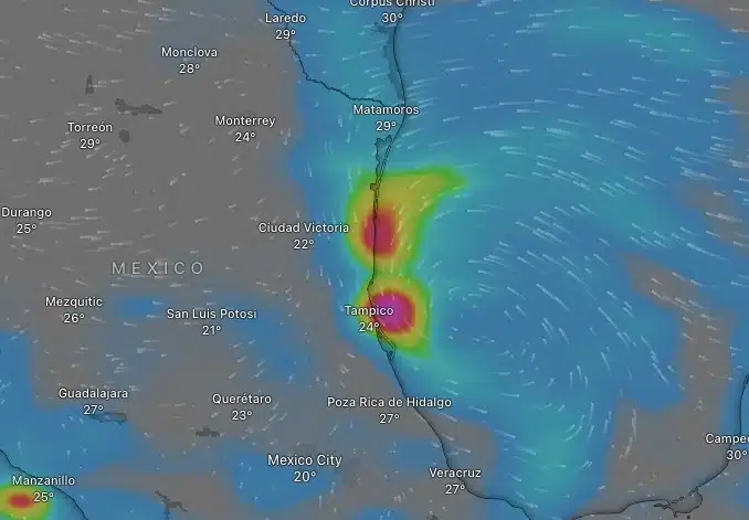 Proyección del sistema Windy sobre la baja presión ya como una depresión tropical o incluso tormenta tropical, ingresando a México el próximo sábado o madrugada del domingo.