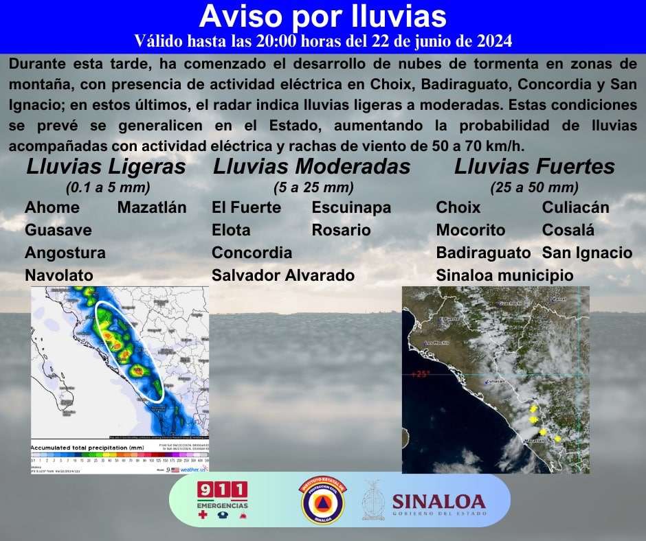 Aviso por lluvias de PC Sinaloa