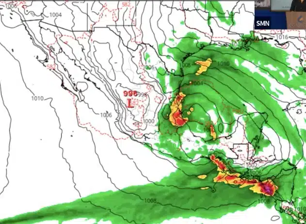 Así proyecta el SMN el acercamiento y posible impacto de lo que muy probablemente sea Alberto, el primer ciclón de la temporada 2024. Conagua-SMN.