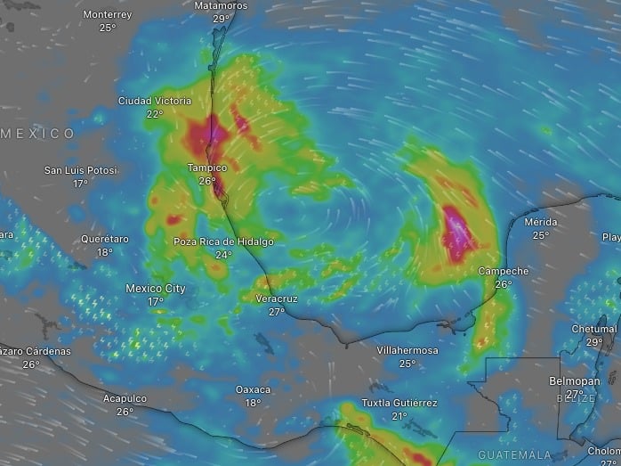 Proyección del sistema Windy del temporal que podría provocar un sistema meteorológico hacia el miércoles 19 de junio en el Golfo de México.