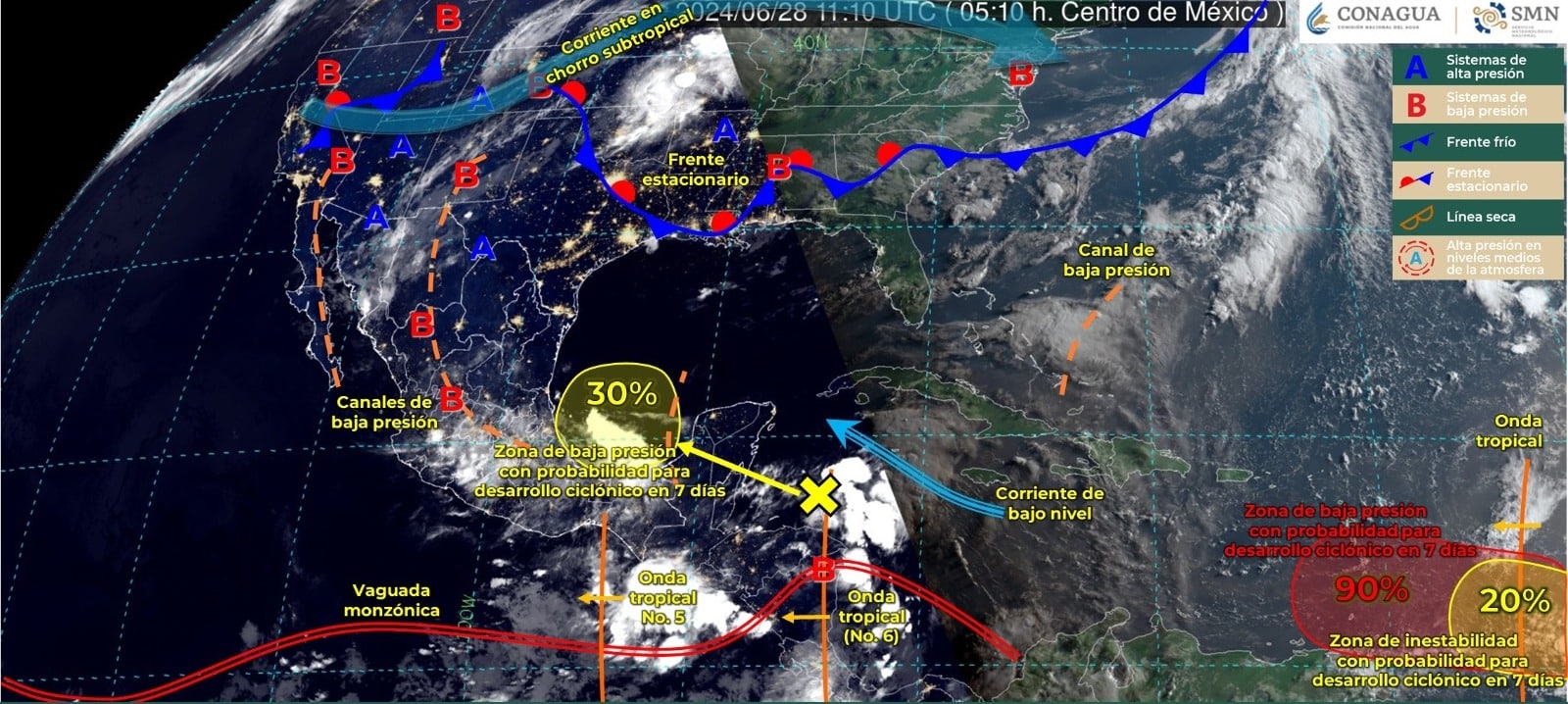 Sistemas meteorológicos activos este viernes 28 de junio. Foto SMN