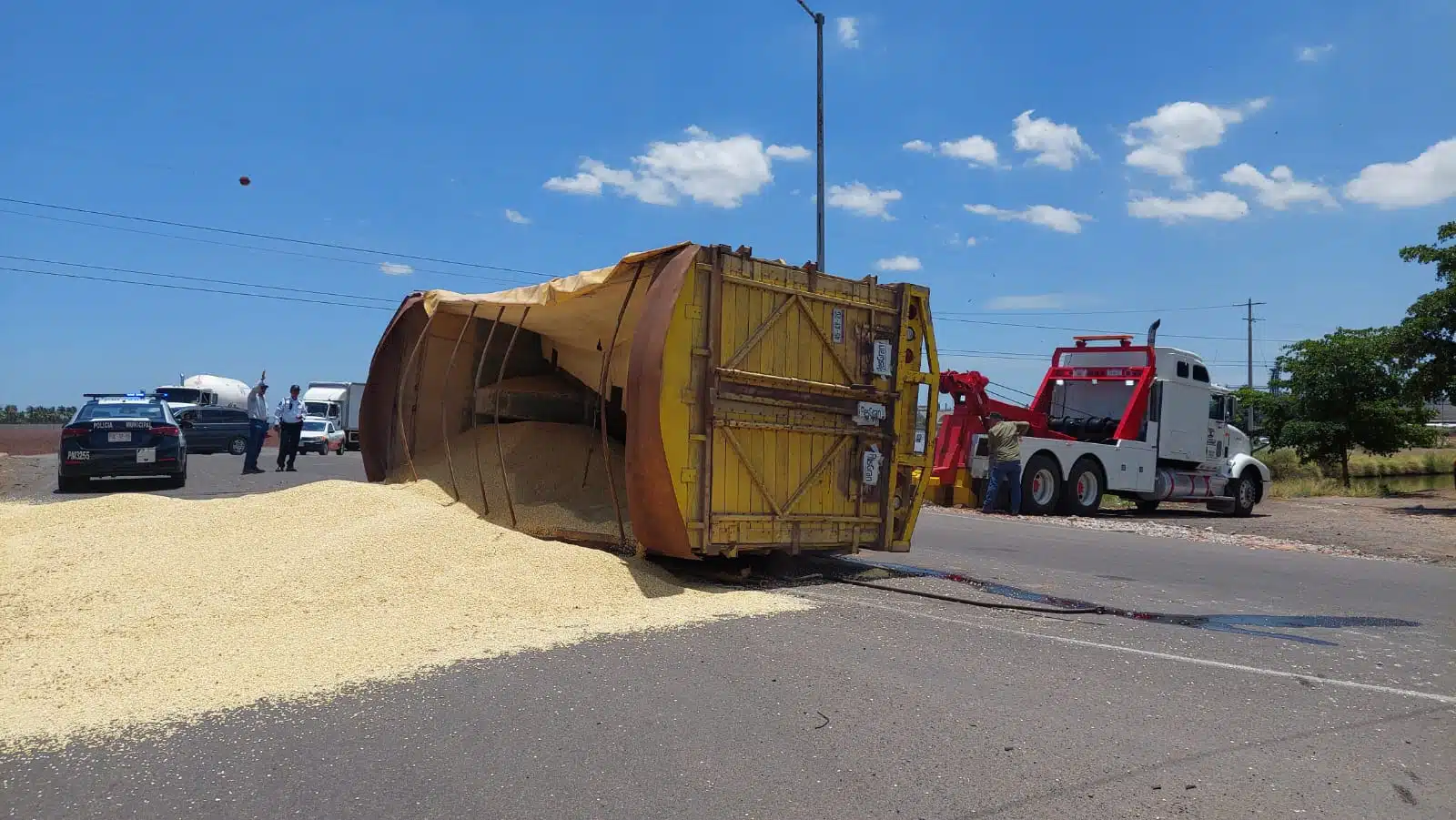 Caja de un torton volcado con los neumáticos hacia un lado tras un accidente y con el maíz regado en la carretera en Los Mochis