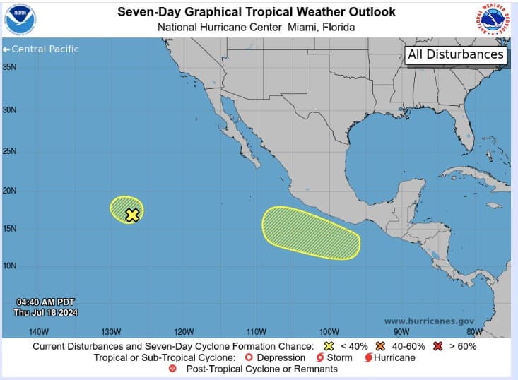 Así marca el NHC las dos zonas en vigilancia por posible desarrollo ciclónico en el océano Pacífico.