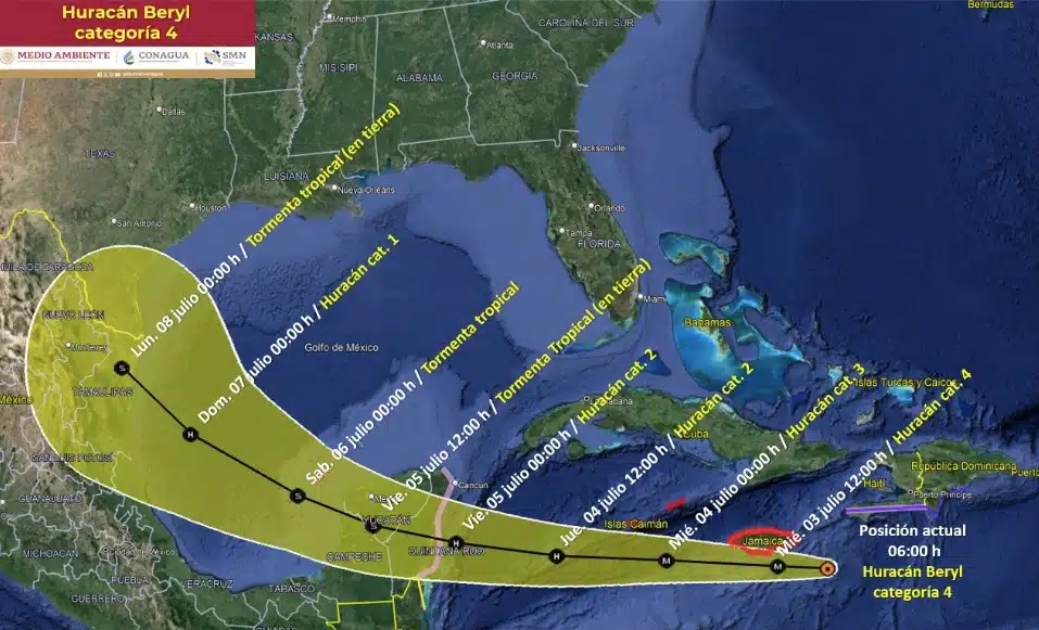 Así marca el SMN la posible trayectoria e impactos del aún huracán categoría 4, Beryl. Conagua-SMN