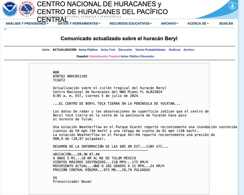Así informó el NHC del choque del centro del huracán Beryl en Tulum