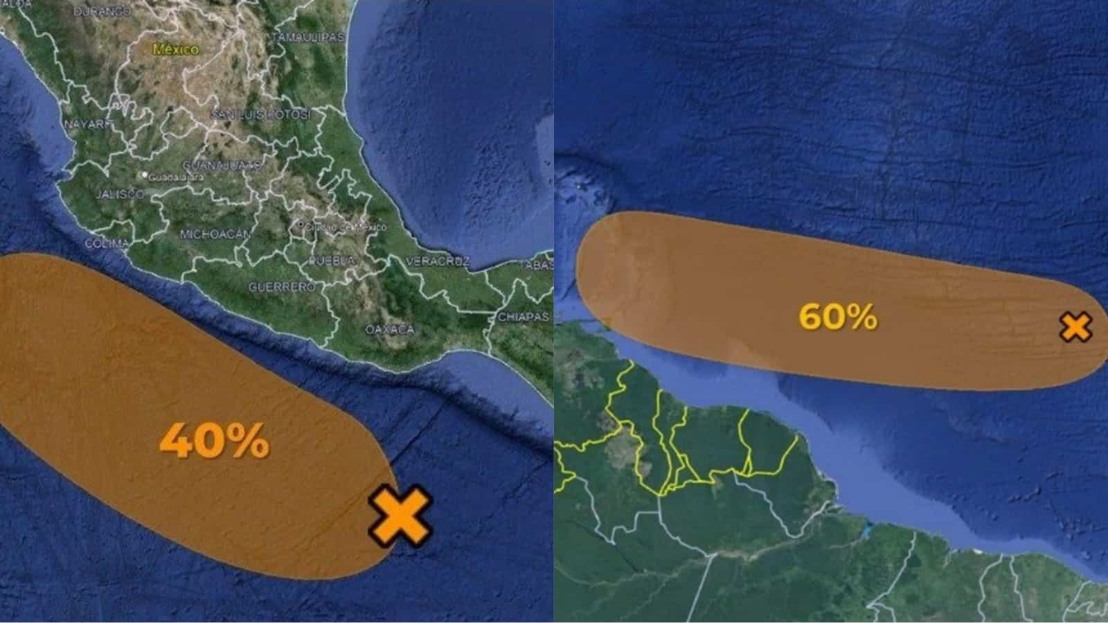 Zona de baja presión al 40% en el océano Pacífico y otra al 60% en el Atlántico