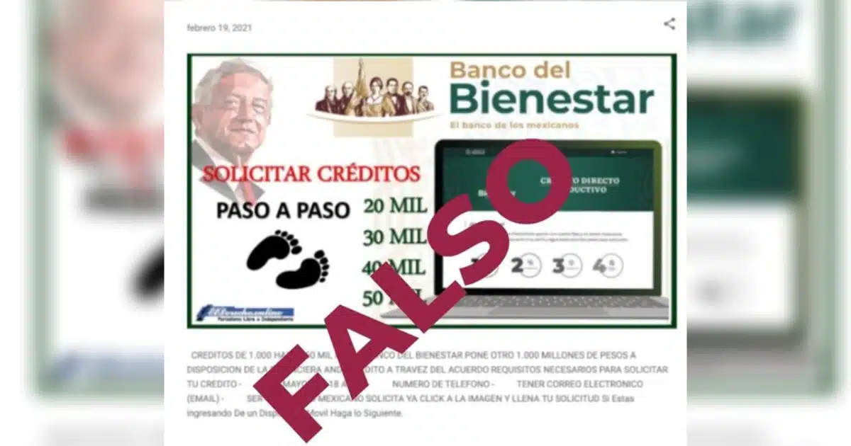 Alerta de estafa sobre créditos falsos del Banco del Bienestae