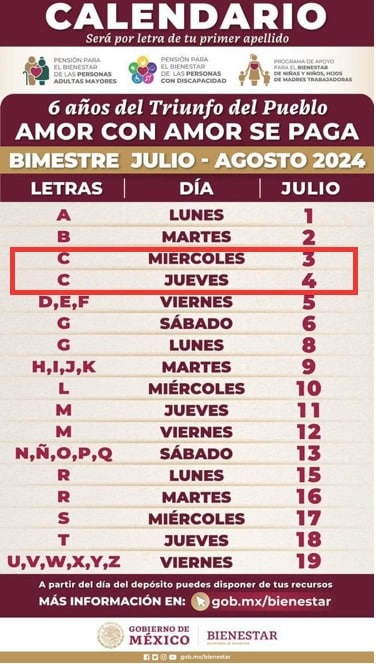 Calendario de pagos de la Pensión del Bienestar para el bimestre julio-agosto