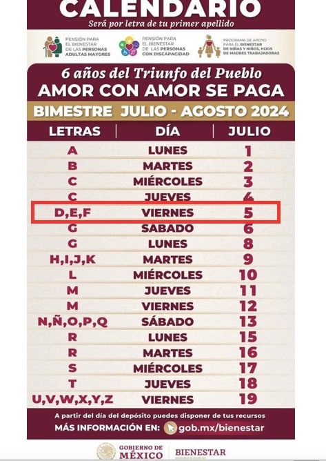 Calendario de pagos de la Pensión del Bienestar para el bimestre julio-agosto