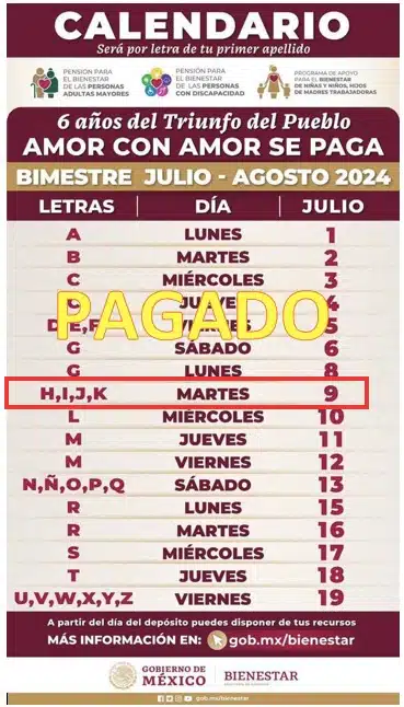 Calendario de pagos del Bienestar correspondientes al bimestre julio-agosto