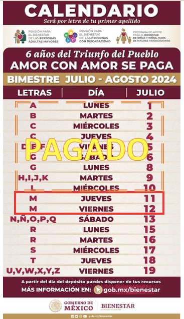 Calendario de pagos del Bienestar correspondientes al bimestre julio-agosto