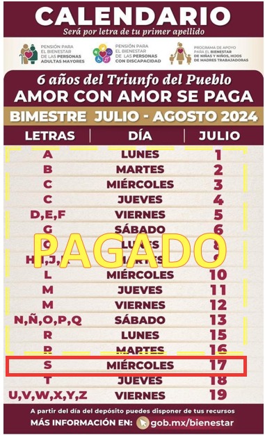 Calendario de pagos del Bienestar correspondientes al bimestre julio-agosto
