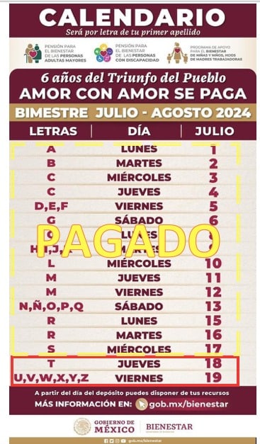 Calendario de pagos del Bienestar correspondientes al bimestre julio-agosto