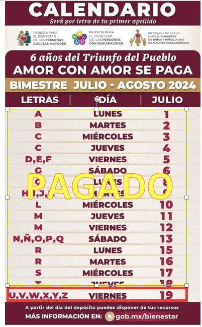 Calendario de pagos del Bienestar correspondientes al bimestre julio-agosto