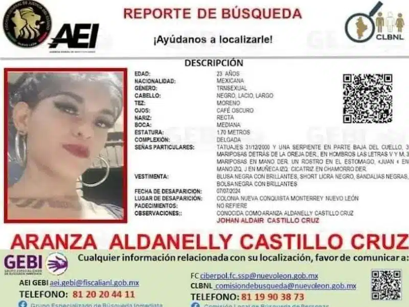 Desaparece joven trans Nuevo León; piden ayuda para encontrar a Aranza Aldanelly
