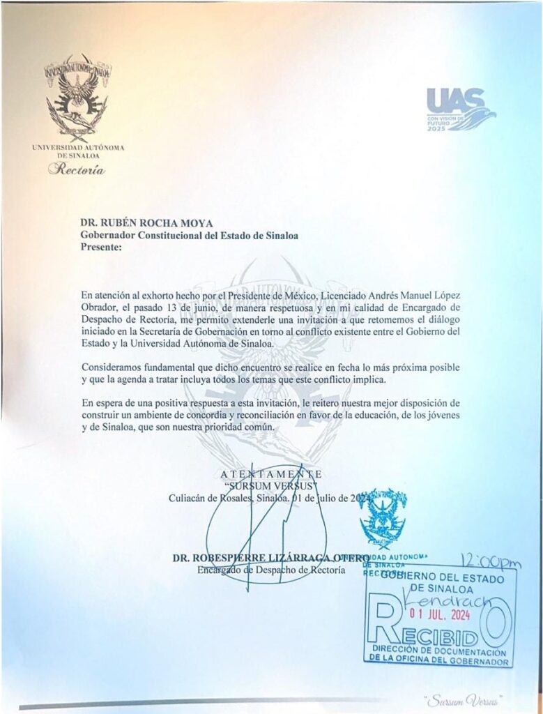 Documento por parte de la Rectoría de la UAS para el gobernador de Sinaloa, Rubén Rocha Moya