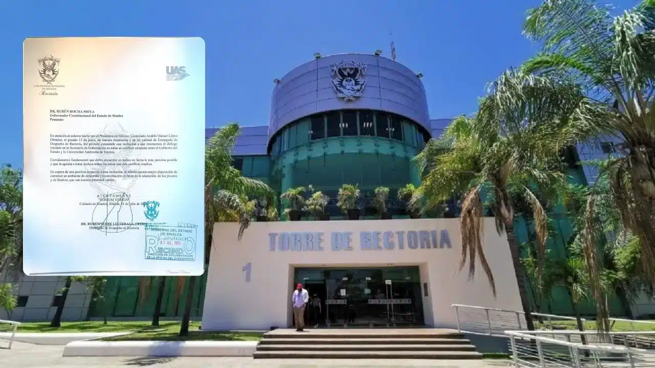 Documento por parte de la Rectoría de la UAS para el gobernador de Sinaloa, Rubén Rocha Moya (rectángulo) y la torre de Rectoría de la UAS (fondo)