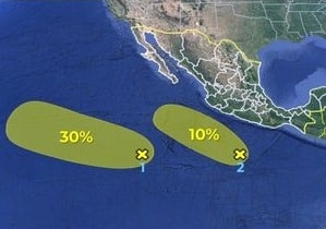 Dos zonas de baja presión con probabilidad para desarrollo ciclónico se encuentran activas en el océano Pacífico. Foto X Conagua