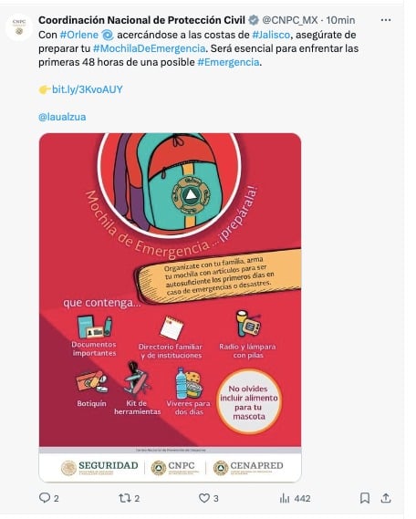 Este es el tuit que la CNPC publicó la mañana de este 9 de julio en el que alertó sobre el acercamiento del huracán Orlene, un sistema registrado en el año 2022