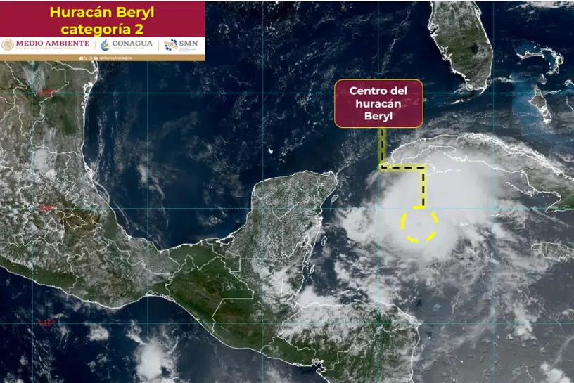 “Beryl” se degrada a huracán de categoría 2 y mantiene su trayecto hacia México