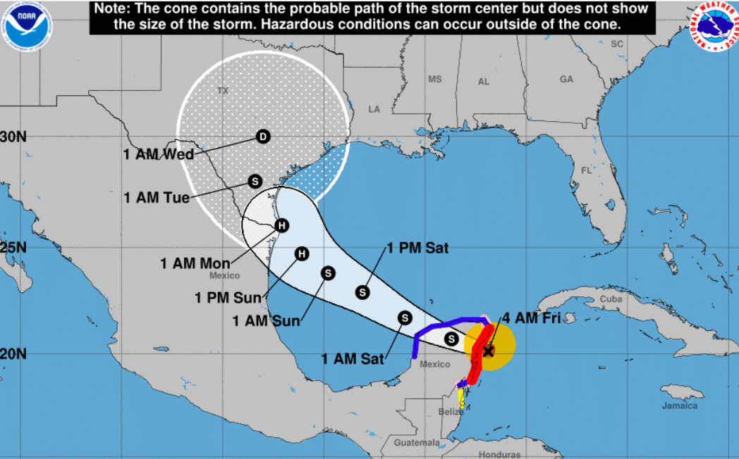 Huracán Beryl en línea de costa y próximo a tocar tierra en México
