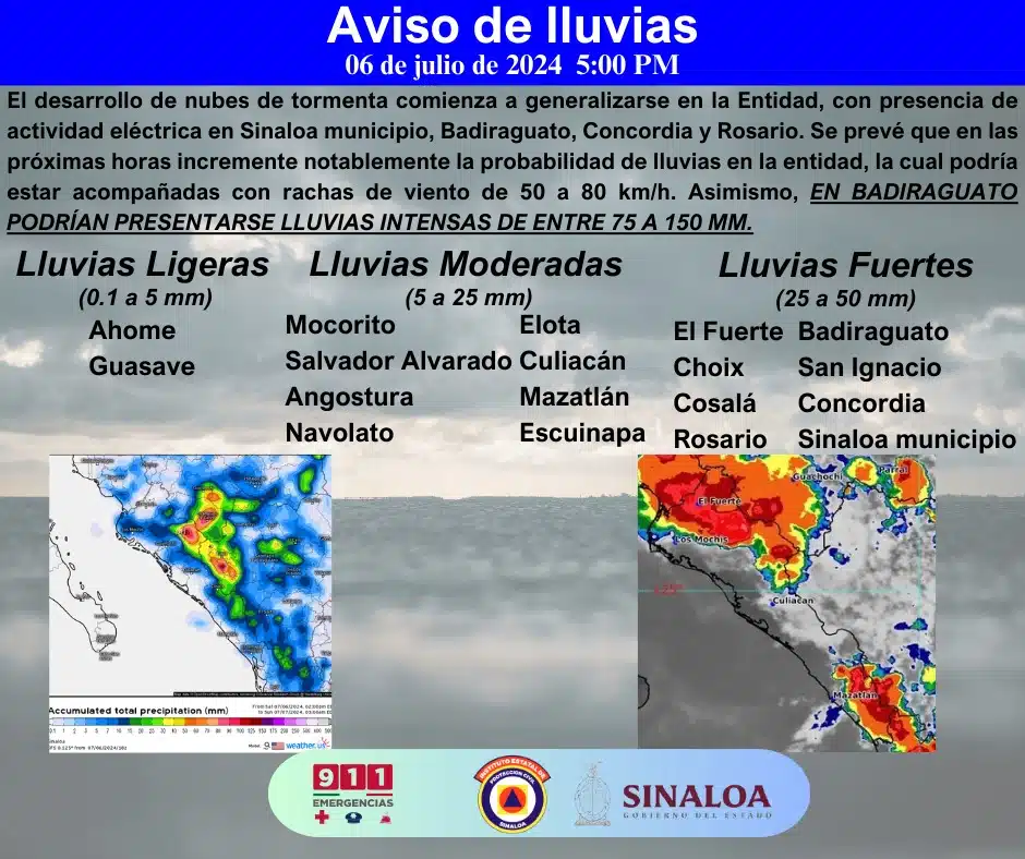 Aviso de lluvias en Sinaloa a 06 de julio de 2024