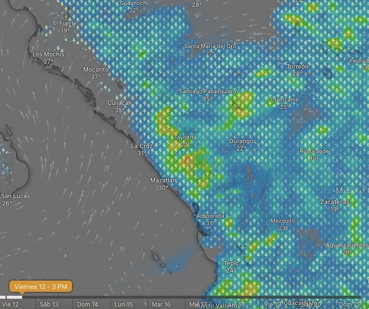 Imagen del simulador del servicio Windy respecto a los focos de tormenta que se podrían presentar este 12 de julio en Sinaloa