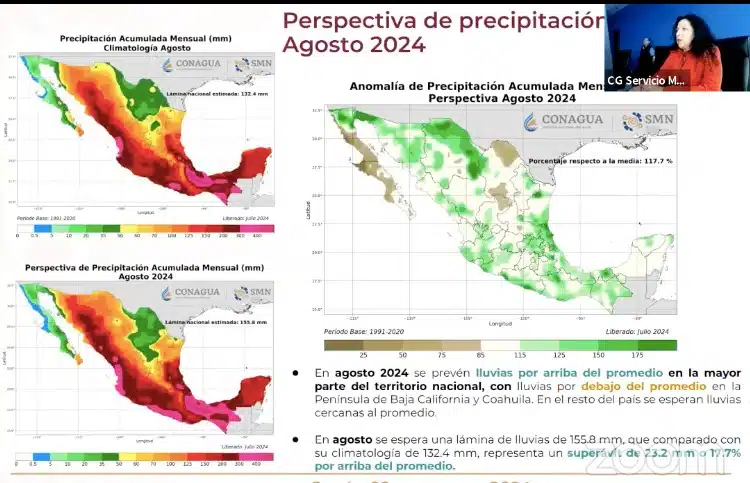 Probabilidad de lluvias para el mes de agosto de 2024 en México. Conagua-SMN