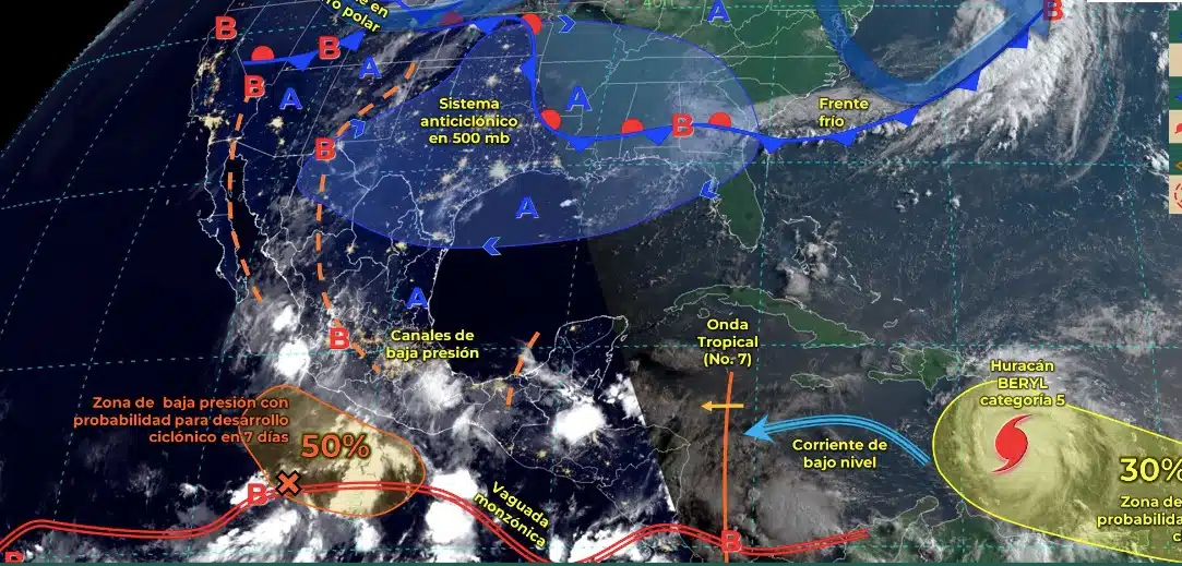 Mapa de sistemas meteorológicos activos en México hoy martes 2 de julio. Conagua-SMN.